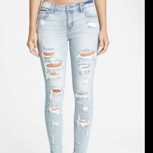 Mossimo High Rise Distressed Power Stretch Jeans Jeggings Crop Light Wash Size 6 - Picture 1 of 12